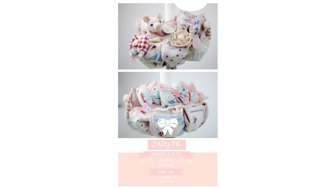 Lumanare de botez shabby chic pentru fetite, 65x4 cm, Lady Pig  6